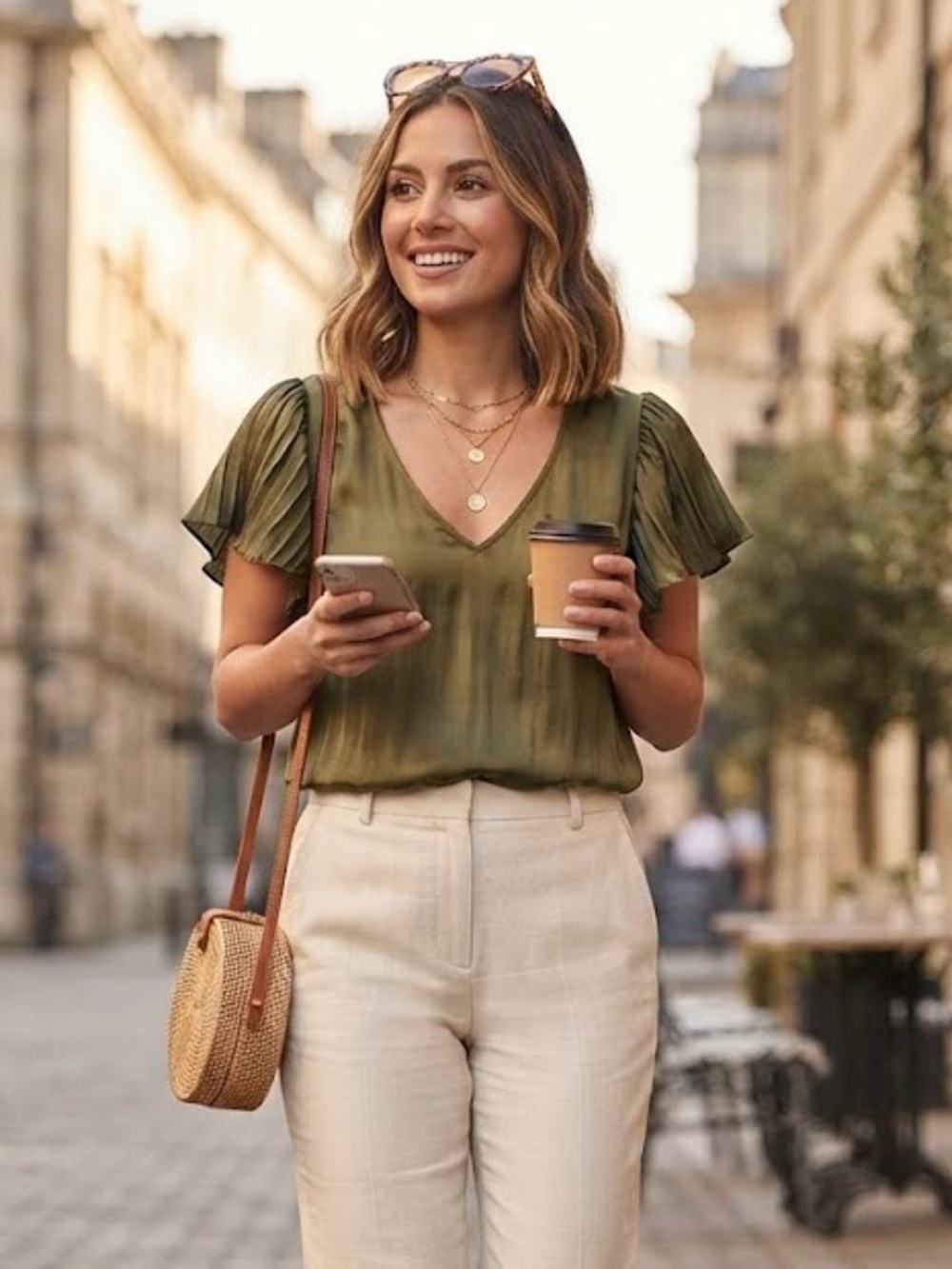 Banana Republic Olive Green Pleated Ruffle Sleeve Blouse Silky Satin Lightweight